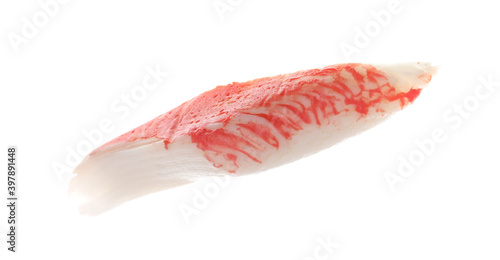 Piece of fresh crab stick isolated on white