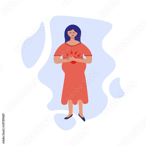 Pregnancy symptoms and problems concept. Young pregnant women suffering from heartburn, she feeling stomach ache. Problem with health, feeling bad flat illustration
