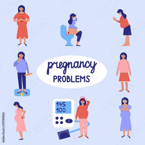 Set with pregnancy problems. Pregnant womens suffering from nausea, vomiting, excess weight, heartburn, edemas, toxicosis, hemorrhoids, swelling, back pain, varicose veins, high pressure