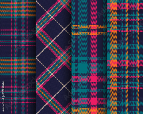 Set of tartan seamless pattern. Checkered Scottish plaid. Striped Christmas print in Scottish style