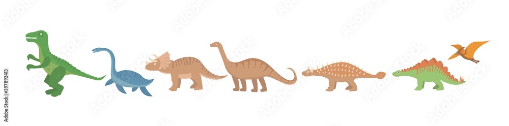 Dinosaurs flat icon set, cartoon style. Collection of objects with pterosaur, stegosaurus, triceratops, allosaurus, tyrannosaurus, apatosaurus, brontosaurus ankylosaurus plesiosaurus Vector Dinosaurs flat icon set, cartoon style. Collection of objects with pterosaur, stegosaurus, triceratops, allosaurus, tyrannosaurus, apatosaurus, brontosaurus ankylosaurus plesiosaurus Vector