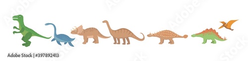 Dinosaurs flat icon set, cartoon style. Collection of objects with pterosaur, stegosaurus, triceratops, allosaurus, tyrannosaurus, apatosaurus, brontosaurus ankylosaurus plesiosaurus Vector
