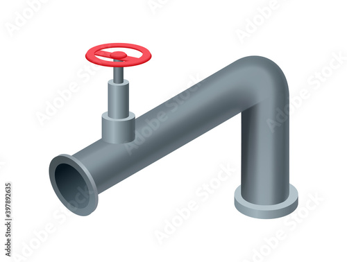 Isometric pipe. Water tube or pipeline with red valve. Oil or gas industry tube construction. Plastic plumbing system 3d. Piece of pipe