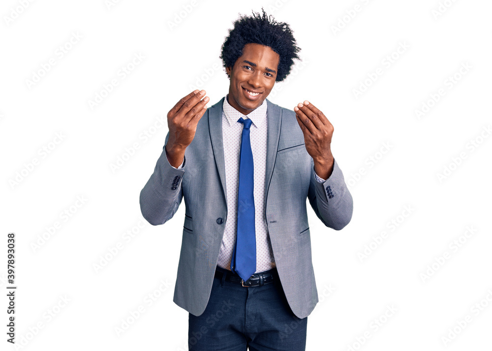 Handsome african american man with afro hair wearing business jacket doing money gesture with hands, asking for salary payment, millionaire business Handsome african american man with afro hair wearing business jacket doing money gesture with hands, asking for salary payment, millionaire business