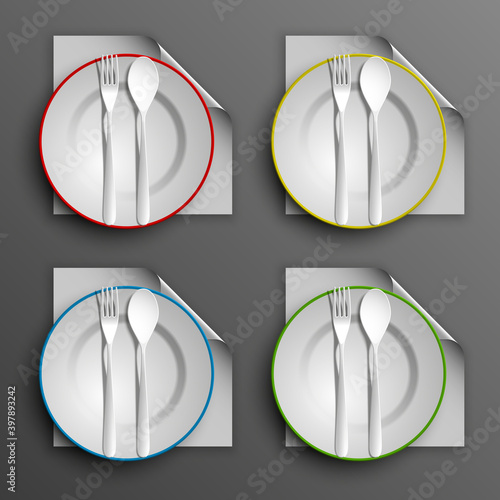 plate, spoon and fork isolated on napkin background illustration