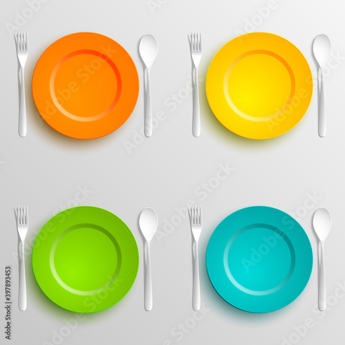 Plate, spoon and fork isolated on napkin background. Canteen icon. dining room badge. buffet icon. Here you can eat picture. Fast food restaurant badge. illustration