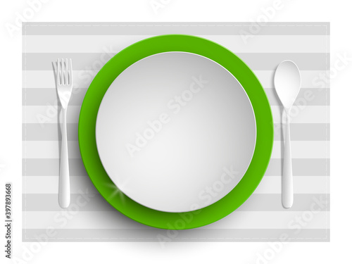 Plate, spoon and fork isolated on napkin background. Canteen icon. dining room badge. buffet icon. Here you can eat picture. Fast food restaurant badge. illustration