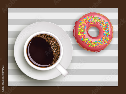 Cup of coffee on warfare dish, donut in glaze. Breakfast image, top view. Morning drink with sweetness. Hot coffee cup on white platter, donut glaze. Light snack top banner. Still life dessert