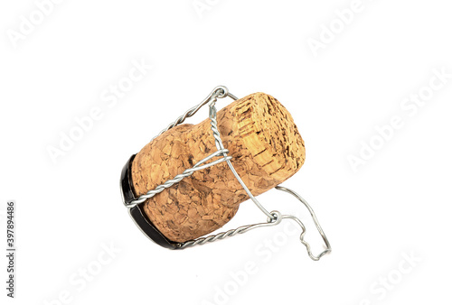 Champagne cork with muselet on a white background. Copy space.