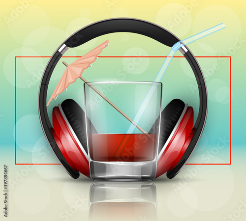 Glass cold drink alcohol & straw headphones. Bright soda & umbrella, headphone. Glass lemonade fruit juice umbrella. Cold iced tea headphone. Bar with glass cocktail fizzy water drink straw earphones