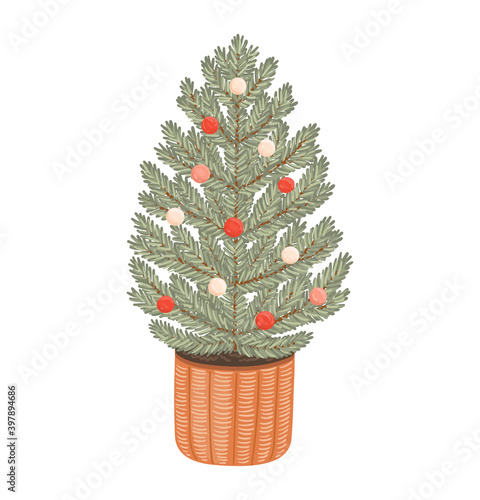 Christmas tree in basket vector illustration. Hand drawn isolated spruce tree with holiday decoration