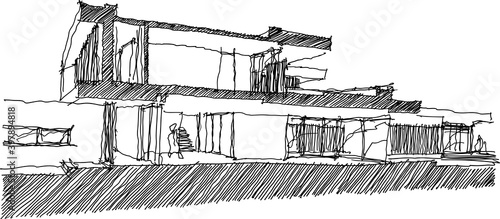 hand drawn architectural sketch of section of modern two story detached house with flat roof and people around
