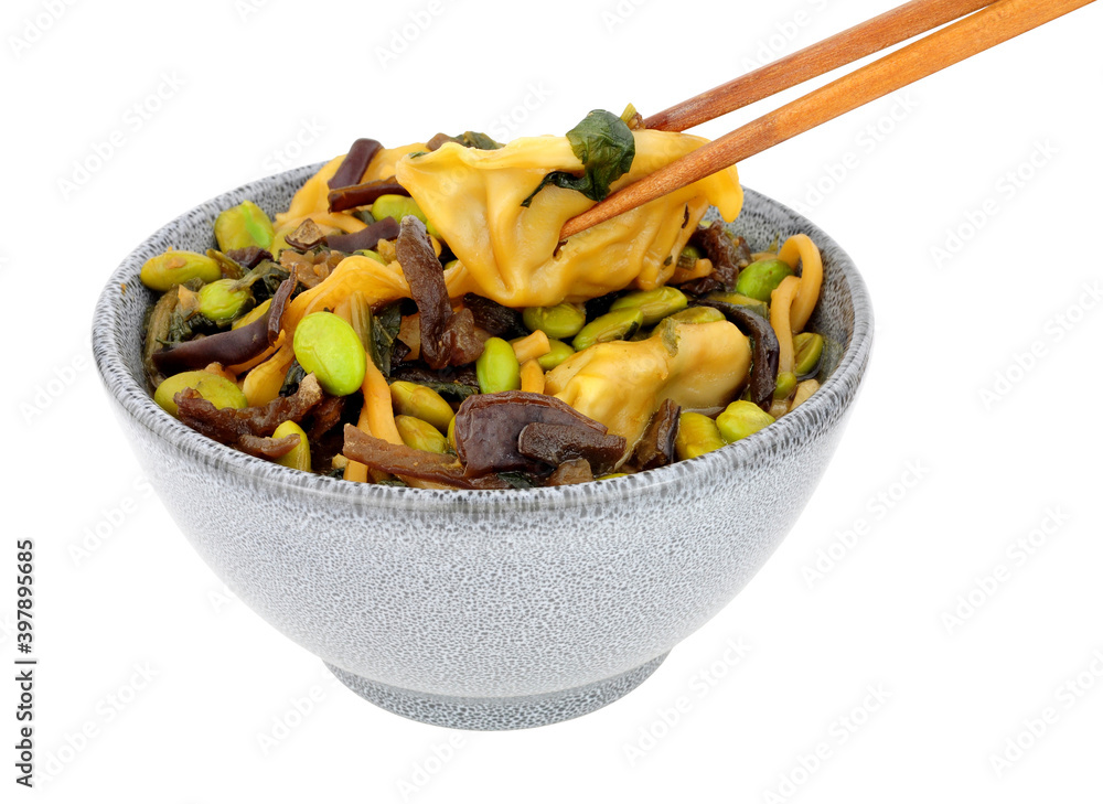 Miso noodles meal with gyoza dumplings and vegetables in a bowl isolated on a white background Miso noodles meal with gyoza dumplings and vegetables in a bowl isolated on a white background