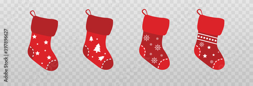 Vector set of Christmas socks. Red socks png. Christmas decoration. Wall decoration. Santa Claus socks. Christmas image.