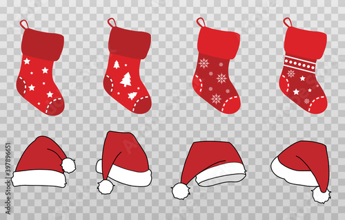 Vector set of Christmas hats and socks. Red socks, hats png. Christmas decorations. Decorations on the wall. Santa Claus socks and hat. Christmas image.