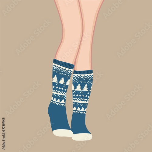 knitted socks in vintage style. Holiday winter design. Christmas card template. Happy new year symbol. Vector design template. Vector background. Decorative symbol. Autumn background.
