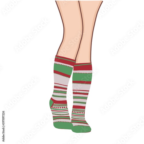 knitted socks in vintage style. Holiday winter design. Christmas card template. Happy new year symbol. Vector design template. Vector background. Decorative symbol. Autumn background.