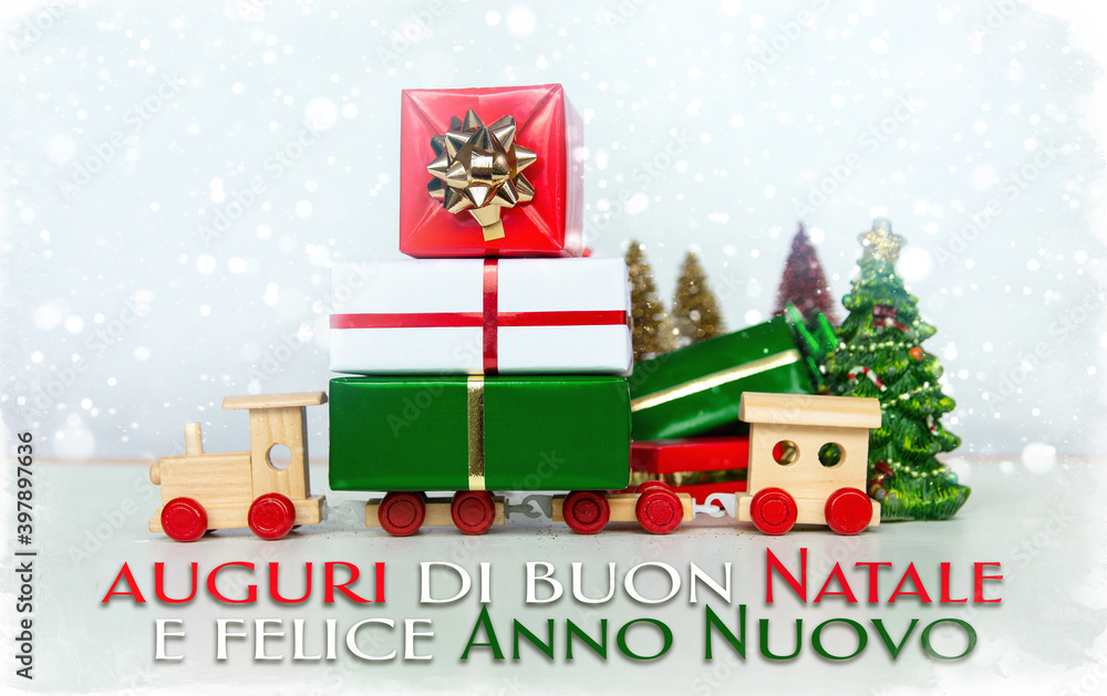 Merry Christmas and happy New Year in italian language holidays card, presents box and gift in the color of the Italian flag background