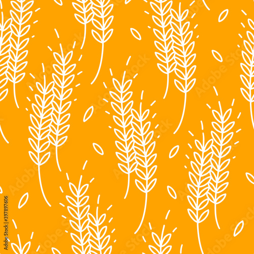 Wheat spikelets, vector seamless pattern. Outline drawn in sketch style. Autumn ornament. Design on the theme of bakery products, flour, harvest.