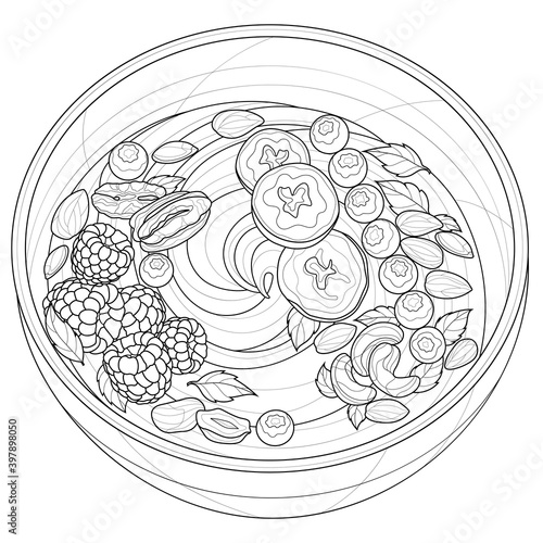 Smoothie bowl with berries and nuts. Food.Coloring book antistress for children and adults. Zen-tangle style.Black and white drawing