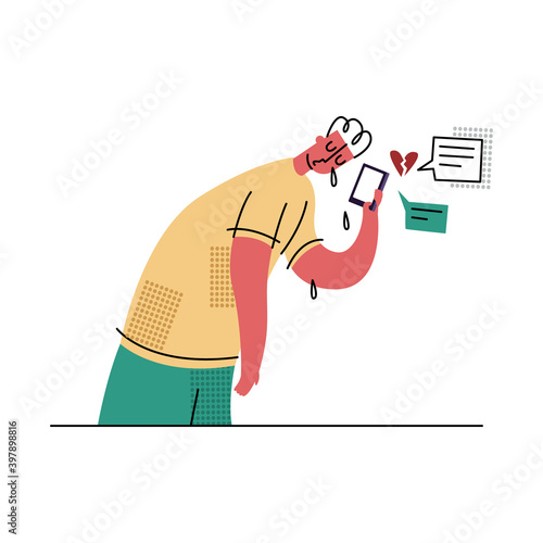 Vector flat isolated illustration with concept of bullying, Internet trolling, gaslighting, negative emotions during correspondence. Image shows crying man looking at his phone.