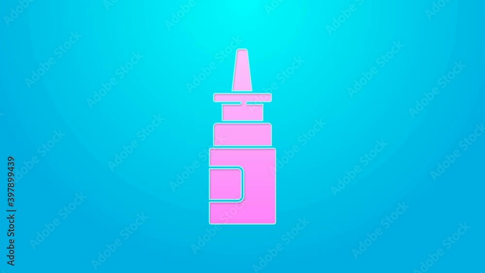 Pink line Bottle nasal spray icon isolated on blue background. 4K Video motion graphic animation Pink line Bottle nasal spray icon isolated on blue background. 4K Video motion graphic animation