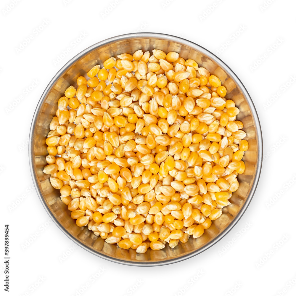 Pet food dish filled with corn kernels, top view. Concept for too much