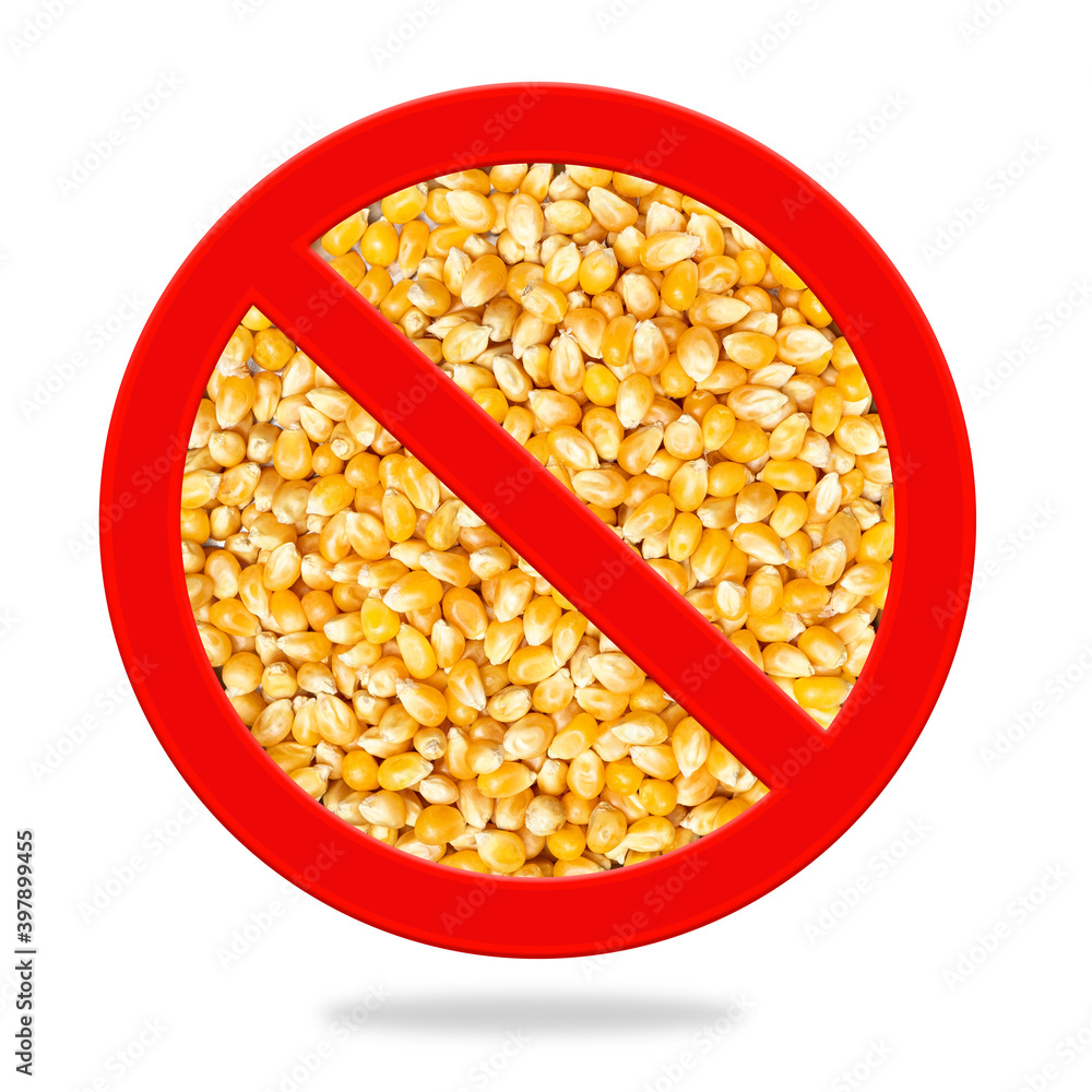 No corn sign. Red circular stop sign with corn kernels inside. Concept