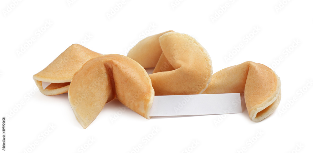 Traditional fortune cookies with prediction on white background Traditional fortune cookies with prediction on white background