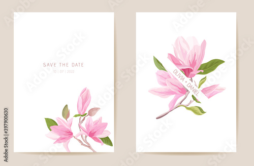 Wedding invitation magnolia spring flowers, leaves. Floral card, tropic watercolor template vector