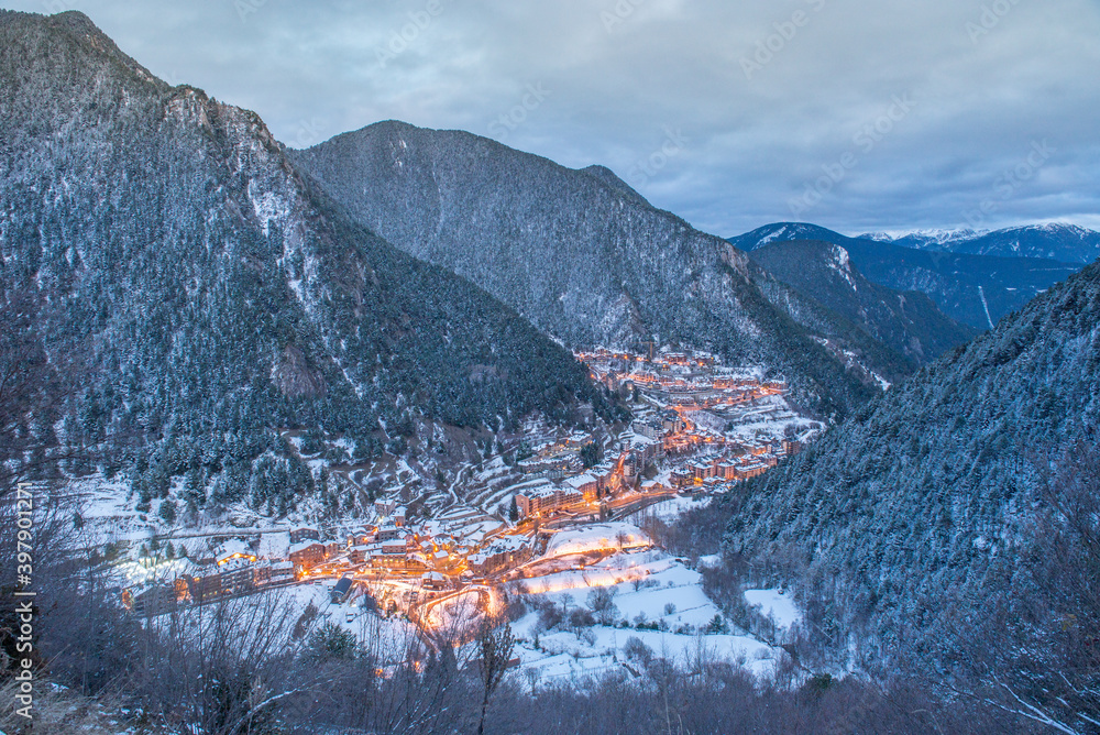 Cityscape of Arinsal, La Massana, Andorra in winter