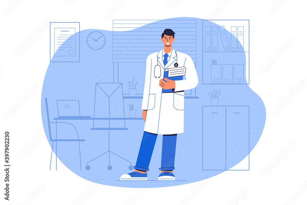 A doctor therapist stands in his office with a medical record in his hand or the results of an examination. Cartoon character isolated. Flat vector illustration. A doctor therapist stands in his office with a medical record in his hand or the results of an examination. Cartoon character isolated. Flat vector illustration.