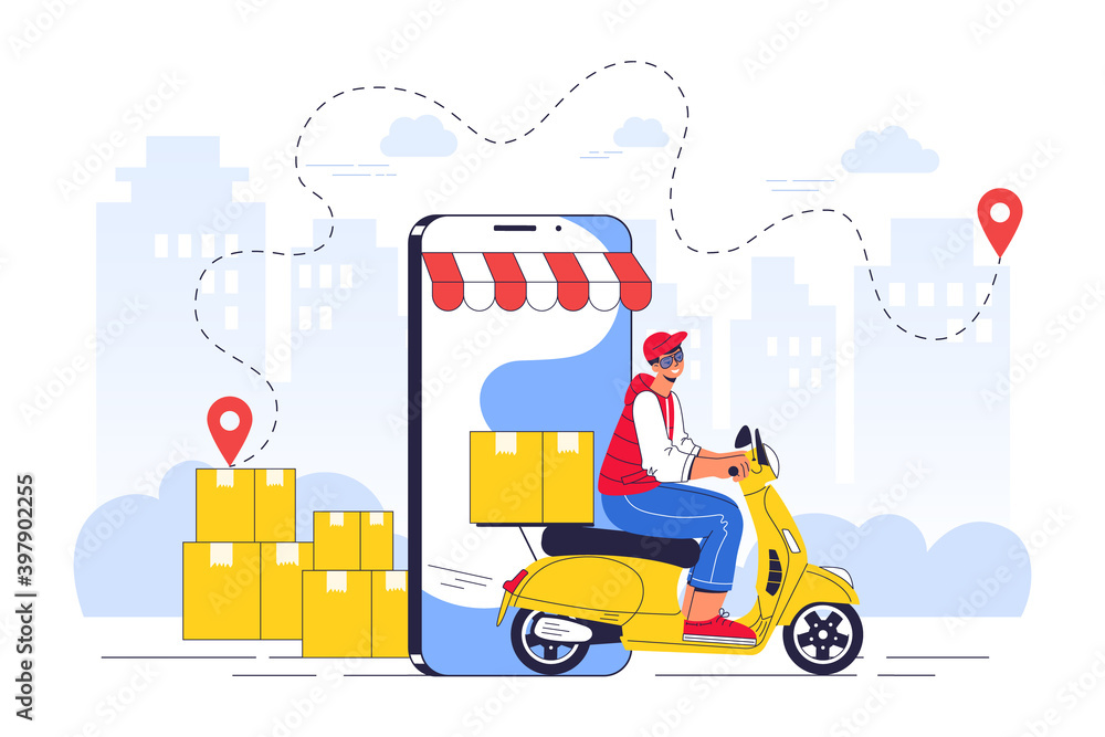 Online delivery service concept, online order tracking, delivery home and office. Warehouse, scooter, courier, delivery man. Cartoon character isolated. Flat vector illustration. Online delivery service concept, online order tracking, delivery home and office. Warehouse, scooter, courier, delivery man. Cartoon character isolated. Flat vector illustration.