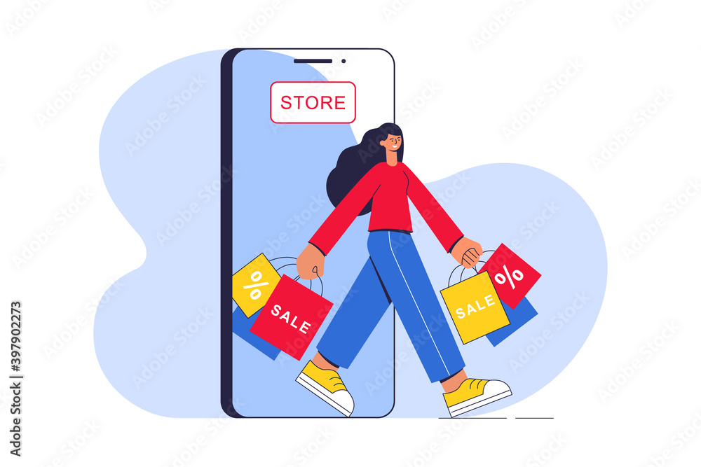 Online shopping in a phone app. Happy young woman with shopping bags leaves the online store. Big seasonal sale and discount at store, shop, mall. Cartoon character. Flat vector concept illustration.