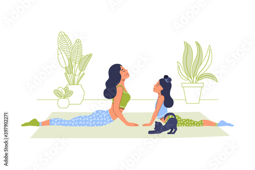 Young woman and girl in casual clothes practice yoga with mat on the floor at home. Sporty girls doing face up dog pose exercises indoors. Cartoon characters isolated. Flat vector illustration.