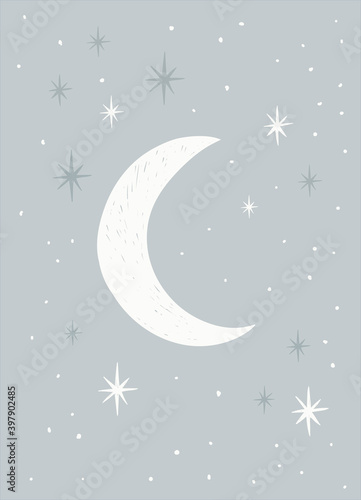 Scandinavian Style Kids Room Decoration. Cute Hand Drawn Moon and Stars Nursery Wall Art for Baby Boy And Baby Girl. Vector Illustration Ideal for Card, Invitation, Poster.