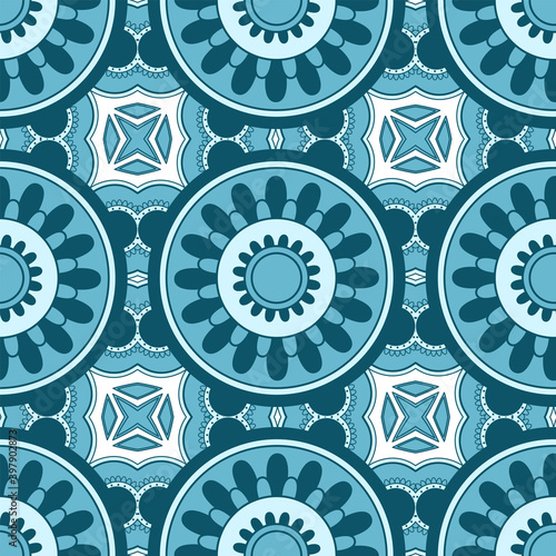 Ethnic tight vector pattern. Blue rhombus and circle mandalas