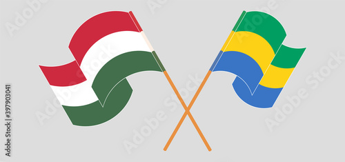 Crossed and waving flags of Hungary and Gabon