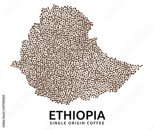 Shape of Ethiopia map made of scattered coffee beans, country name below