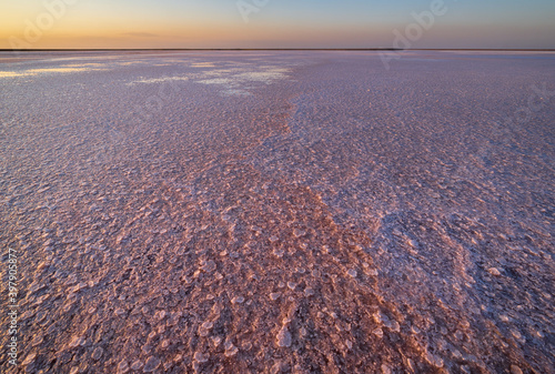 Sunset on the Genichesk pink extremely salty lake  colored by microalgae with crystalline salt depositions   Ukraine.
