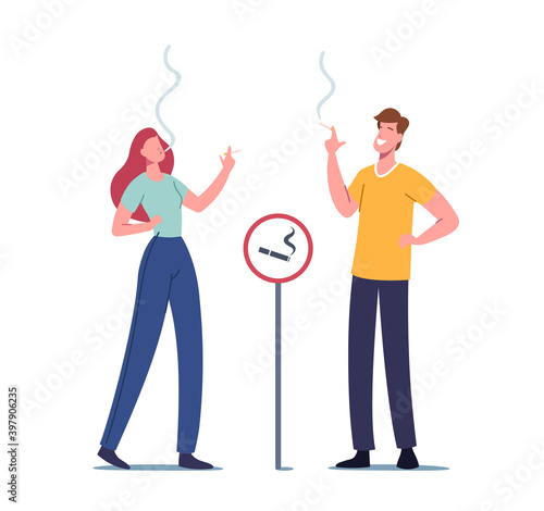 Male and Female Characters Smoking Cigarettes in Special Area at Prohibited Sign. Smoking in Public Place Social Problem