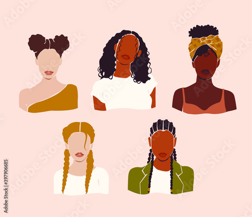 Vector abstract woman portraits. Girls face with stylish haircut on the pink isolated background. Beauty logo.