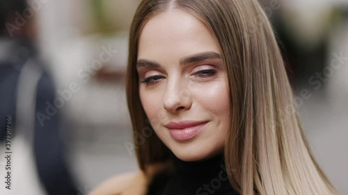 Wallpaper Mural Portrait of Beautiful Blond Sexy Young Woman Looking Up to the Camera and Smiling Charmingly. Close up of Woman Face, Girl opening her Beautiful blue Eyes Torontodigital.ca