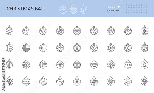 Vector icons of Christmas balls. New Year's toys set. Editable stroke. Hanging ball with different patterns, snowflakes christmas tree stars