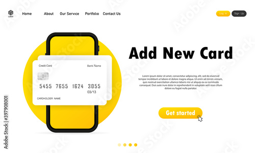 Smartphone with credit card banner. Add new card. Mobile online contactless payment concept. Banking financial service on internet. Vector on isolated white background. EPS 10