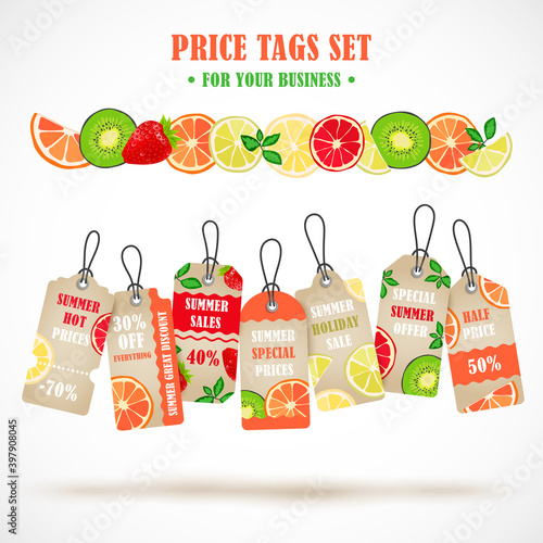 Vector stickers, price tag, banner, label. Coupon sale, offers and promotions vector template. Tag on a shoestring  with tropical fruits.