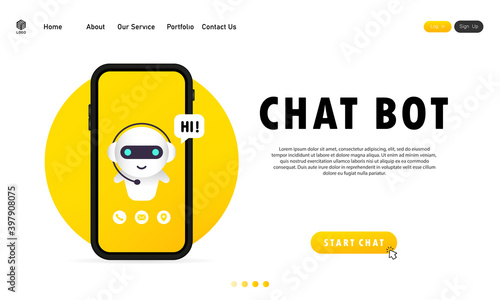 Chatbot in smartphone illustration. Online assistant bot landing page template. Dialog, message. Technical support. For web page. Vector on isolated white background. EPS 10
