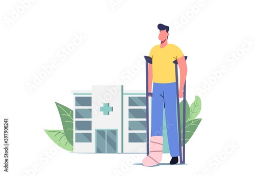 Injured Male Character Stand on Crutches with Bandaged Leg. Rehabilitation Disabled Physiotherapy, Therapeutic Help