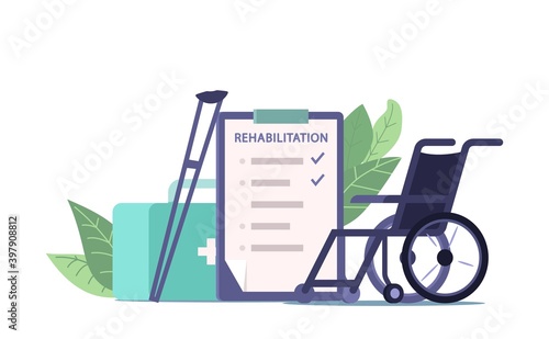 Physiotherapy and Medical Rehabilitation Equipment and Prescription, Wheelchair, Crutches, List with Rehab Procedures