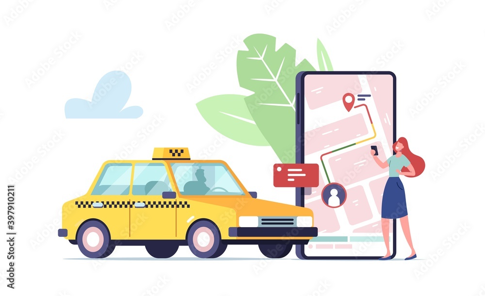 Naklejka premium Tiny Female Character Order Taxi via Smartphone App. Woman Use Application for Ordering Taxi Cab. Customer Waiting Car